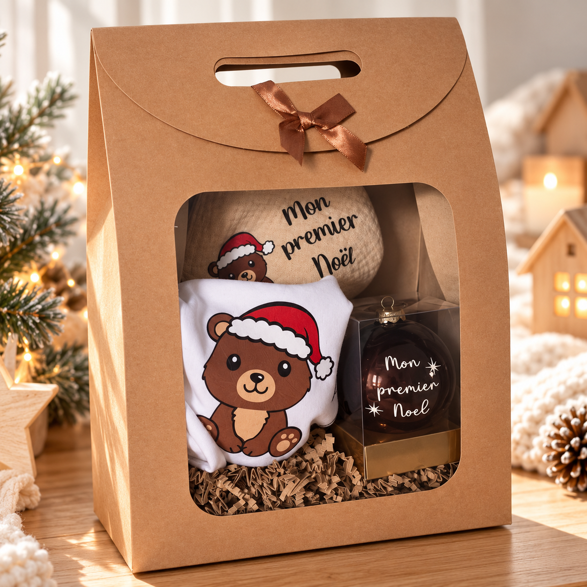 Coffret Mon premier Noël personnalisé pour bébé avec body, bavoir bandana et boule de Noël en verre.