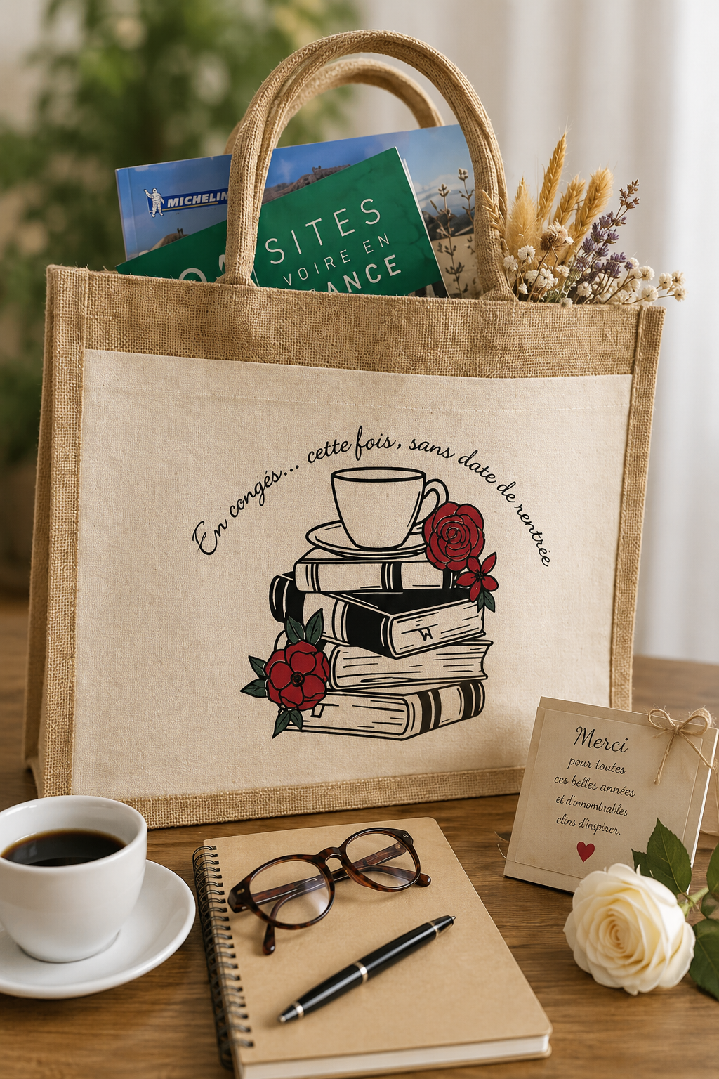 Sac cabas écru avec bordure beige et illustration de livres, tasse de café et fleurs, portant l'inscription « En congés… cette fois, sans date de rentrée », idée cadeau pour une enseignante à la retraite.