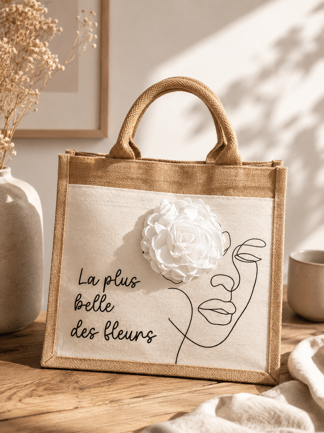 Sac La plus belle des fleurs avec fleur blanche en relief
