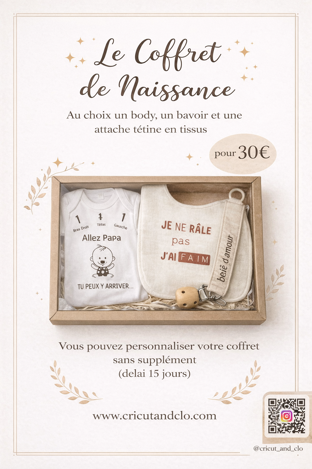 personnalisation body, bavoir et attache tétine - cadeau naissance