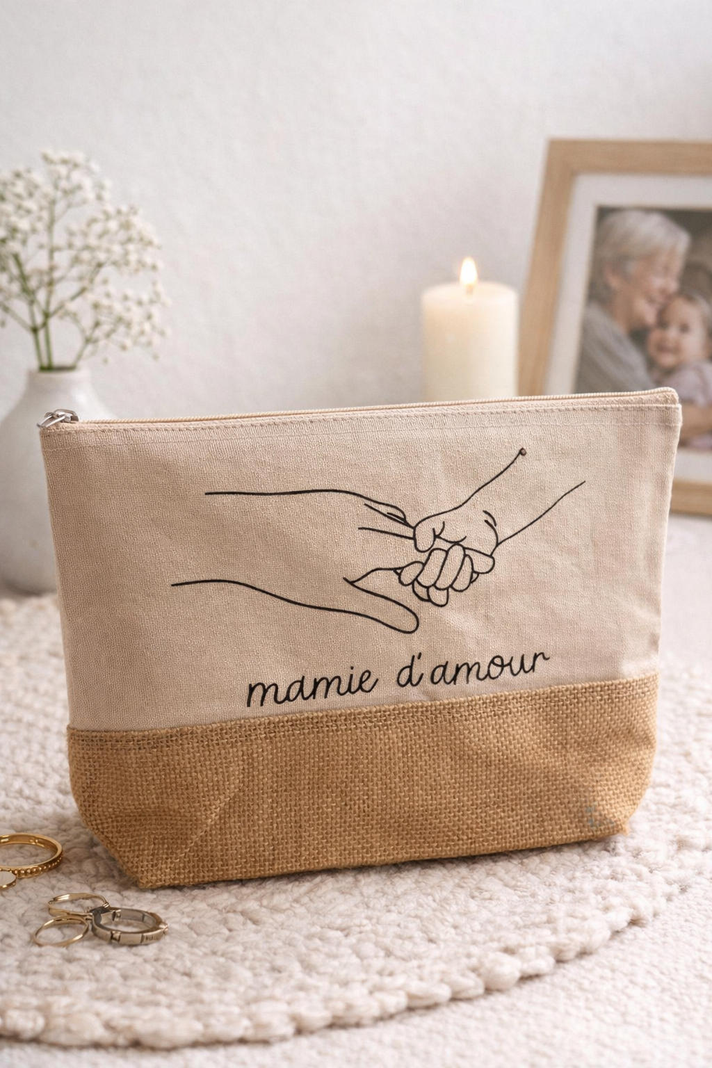 Pochette Mamie d’Amour – Cadeau Original Fête des Grands-Mères – Trousse Toile & Jute