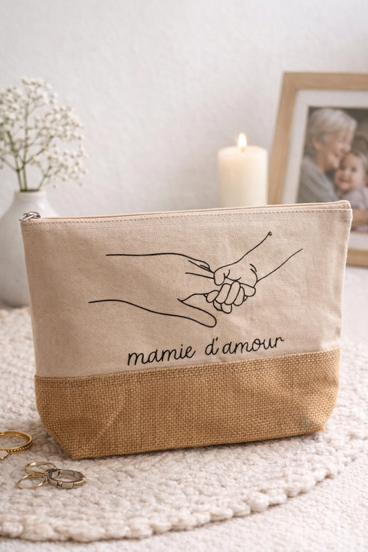 Pochette Mamie d’Amour – Cadeau Original Fête des Grands-Mères – Trousse Toile & Jute