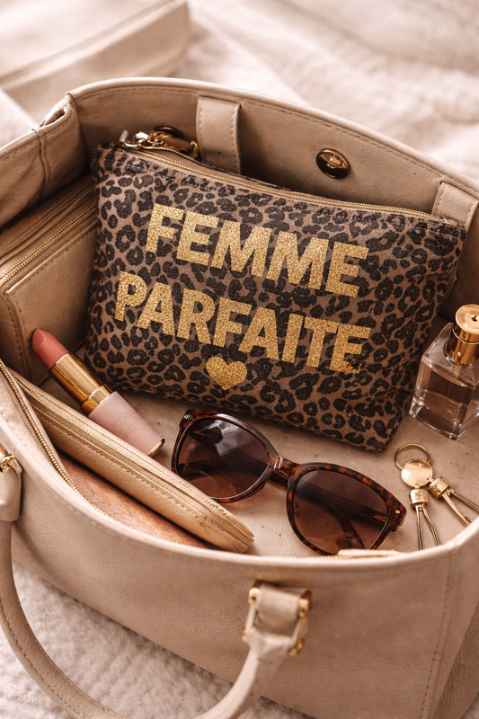 Pochette Léopard "Femme Parfaite" – Trousse Maquillage Chic & Idée Cadeau Femme Originale