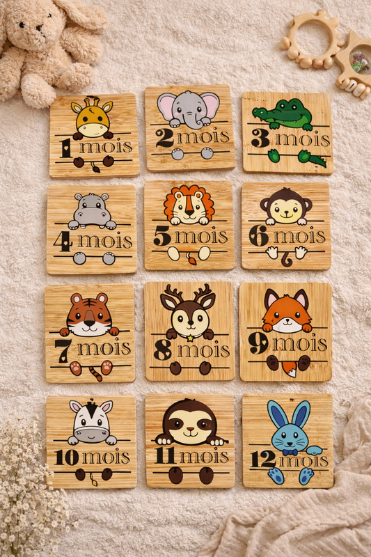Cartes Étapes Bébé en Bois – 12 Cartes Mois Jungle Animaux – Accessoire Photo Naissance & Cadeau Baby Shower