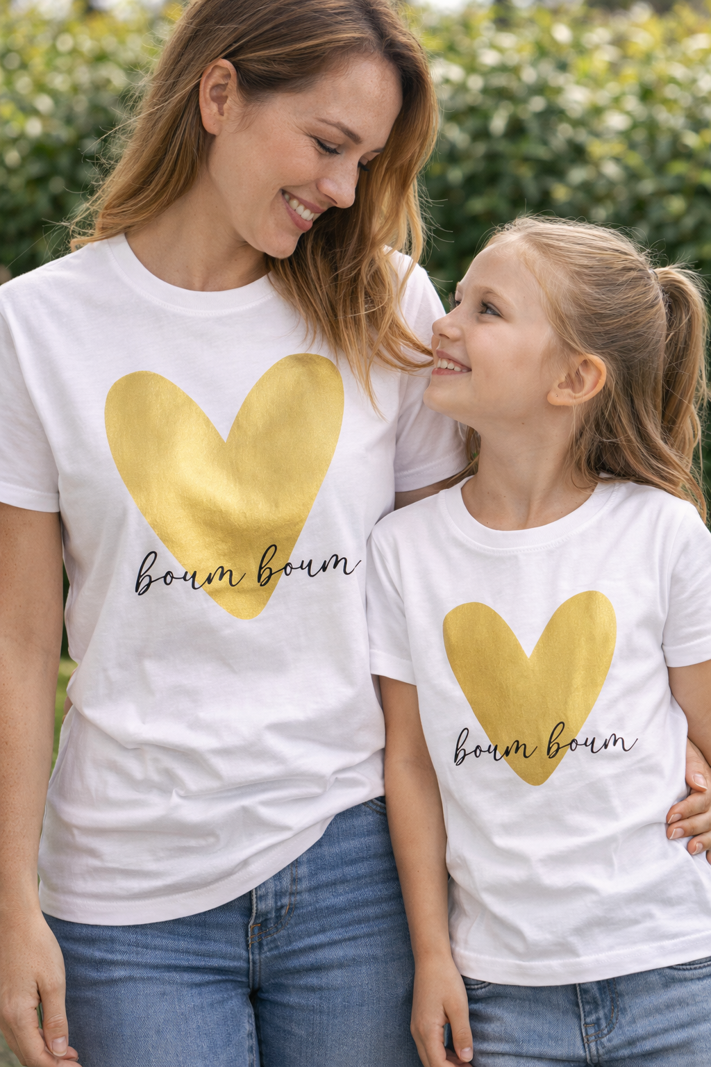 Duo T-shirts Mère & Fille “Boum Boum” – Cœurs dorés assortis