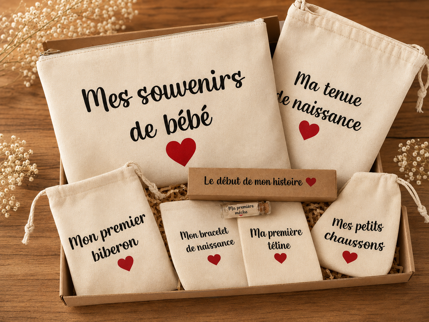 Coffret souvenirs bébé – Pochette de naissance et pochons souvenirs
