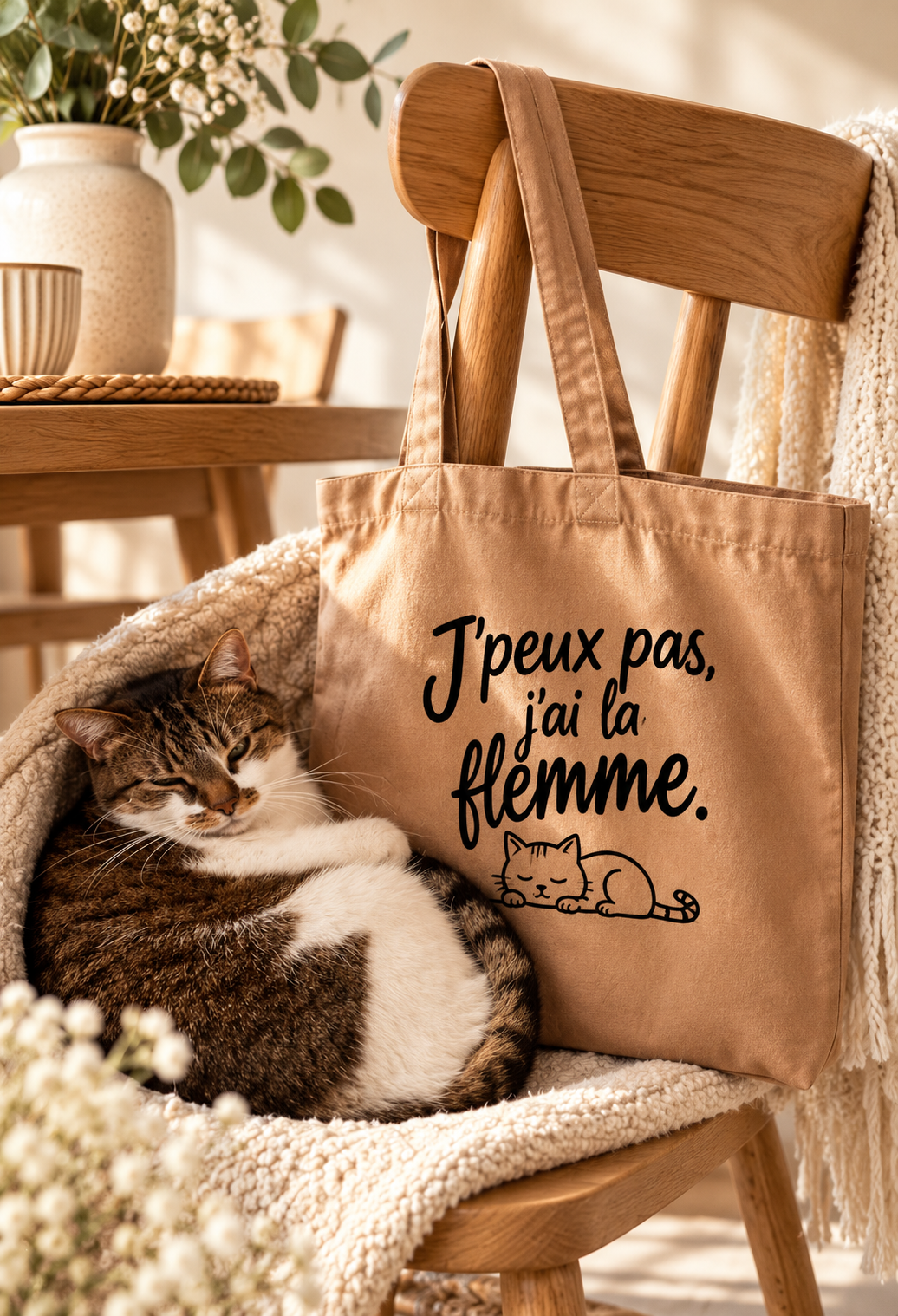 Tote bag brun personnalisé avec l’inscription humoristique « J’peux pas, j’ai la flemme » et un dessin de chat endormi, présenté aux côtés d’un véritable chat tigré et blanc dans une ambiance douce et chaleureuse.