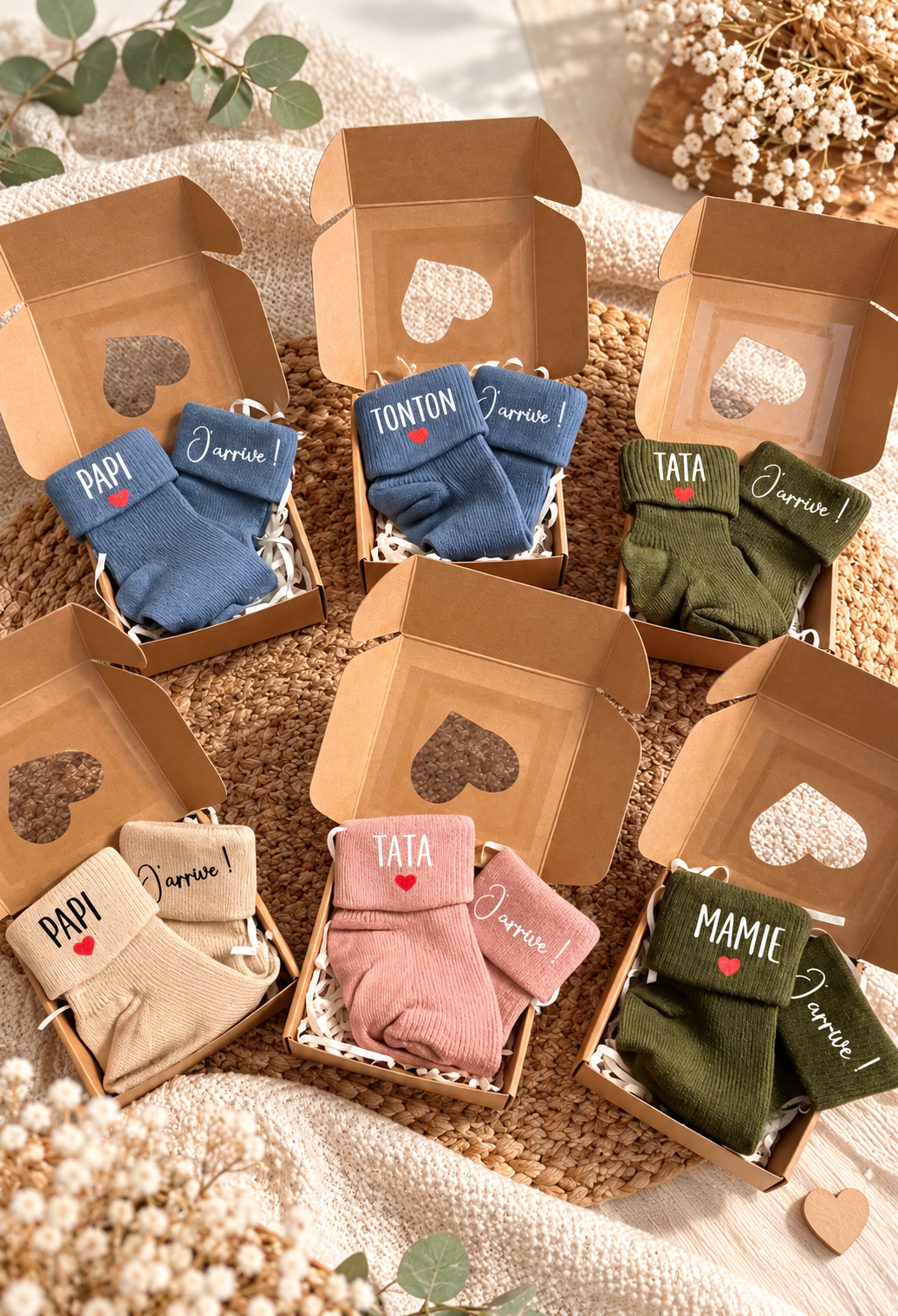 Coffrets de chaussettes personnalisées pour annoncer une grossesse à Papi, Mamie, Tata et Tonton, avec l'inscription J'arrive !, présentés dans des boîtes cadeaux kraft.