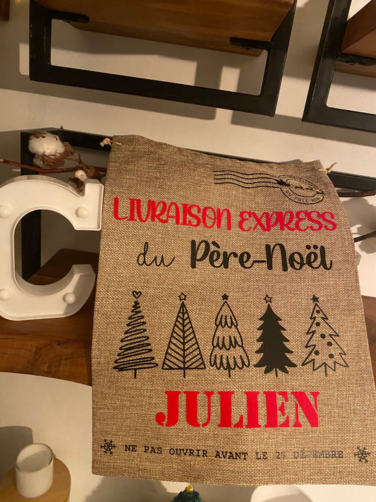 Petite hotte du Père Noël en toile de jute personnalisable