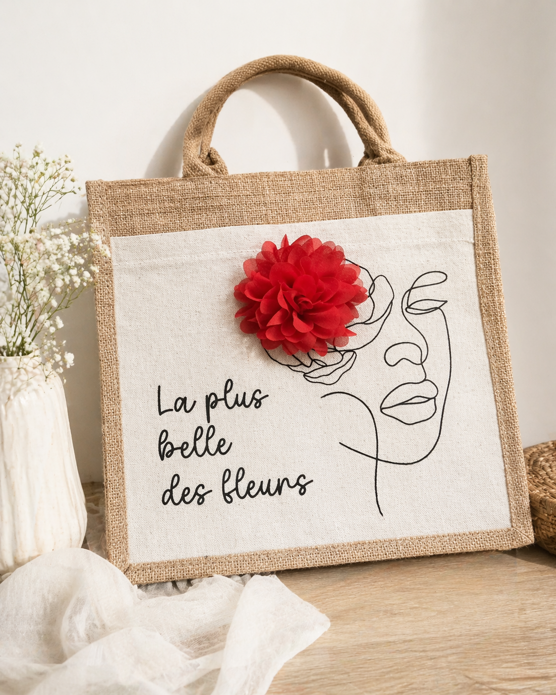 Sac cabas en jute personnalisé avec fleurs – La plus belle des fleurs