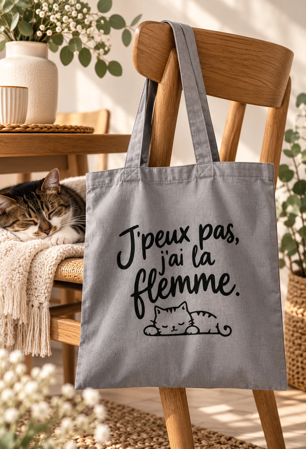 Tote bag gris en coton personnalisé avec l’inscription humoristique « J’peux pas, j’ai la flemme » et un dessin de chat endormi, présenté sur une chaise en bois aux côtés d’un chat tigré, dans une ambiance cosy et chaleureuse.