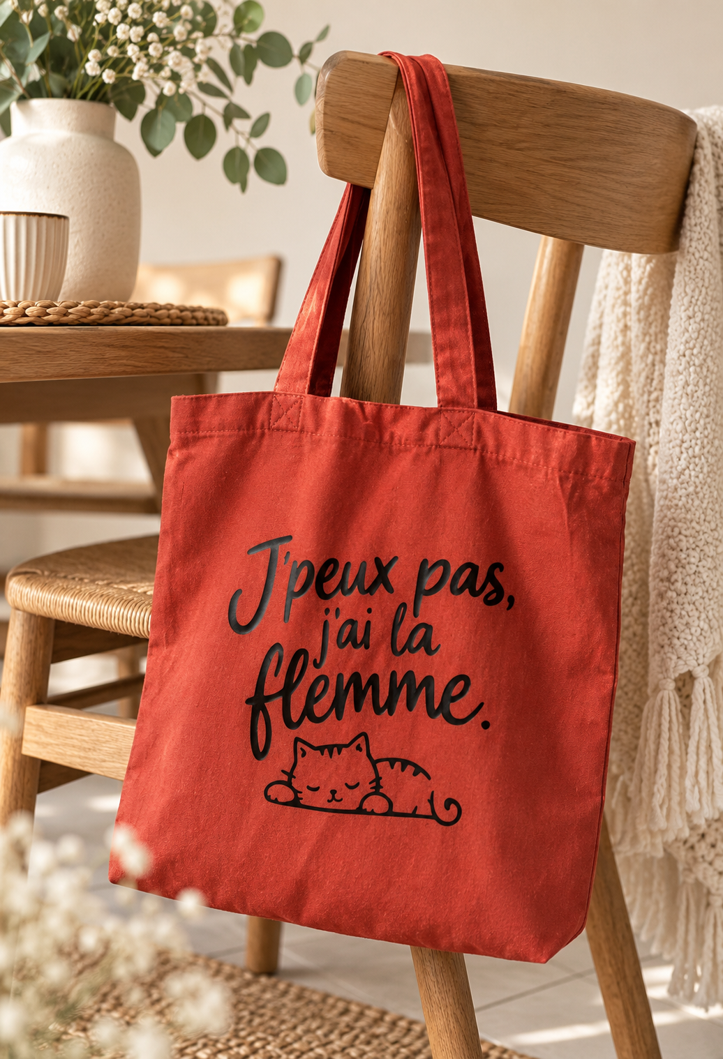 Tote bag rouge avec le message J’peux pas, j’ai la flemme et un chat endormi