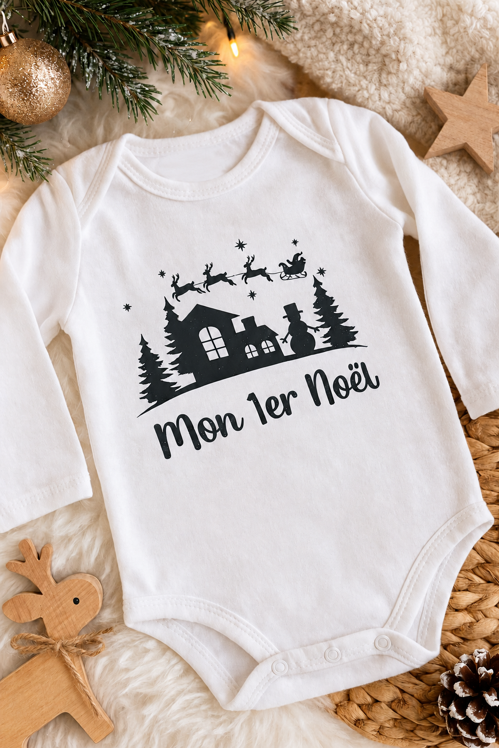 Body bébé blanc Mon 1er Noël avec village, sapins et traîneau du Père Noël