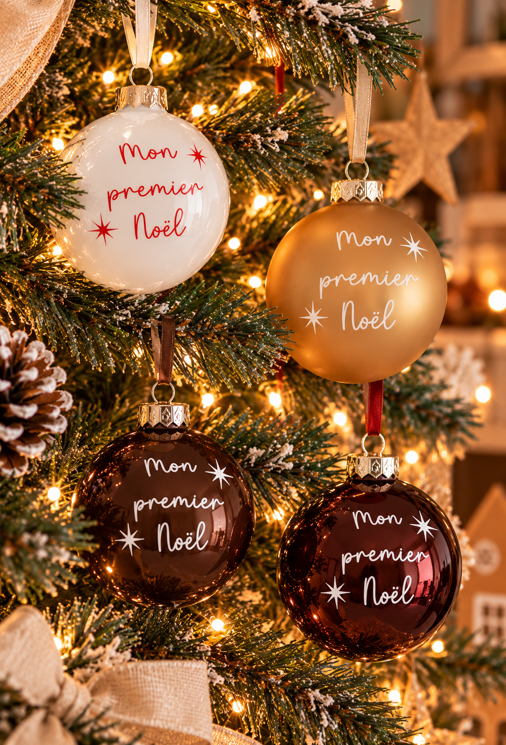 Boule Mon premier Noël en verre accrochée dans le sapin