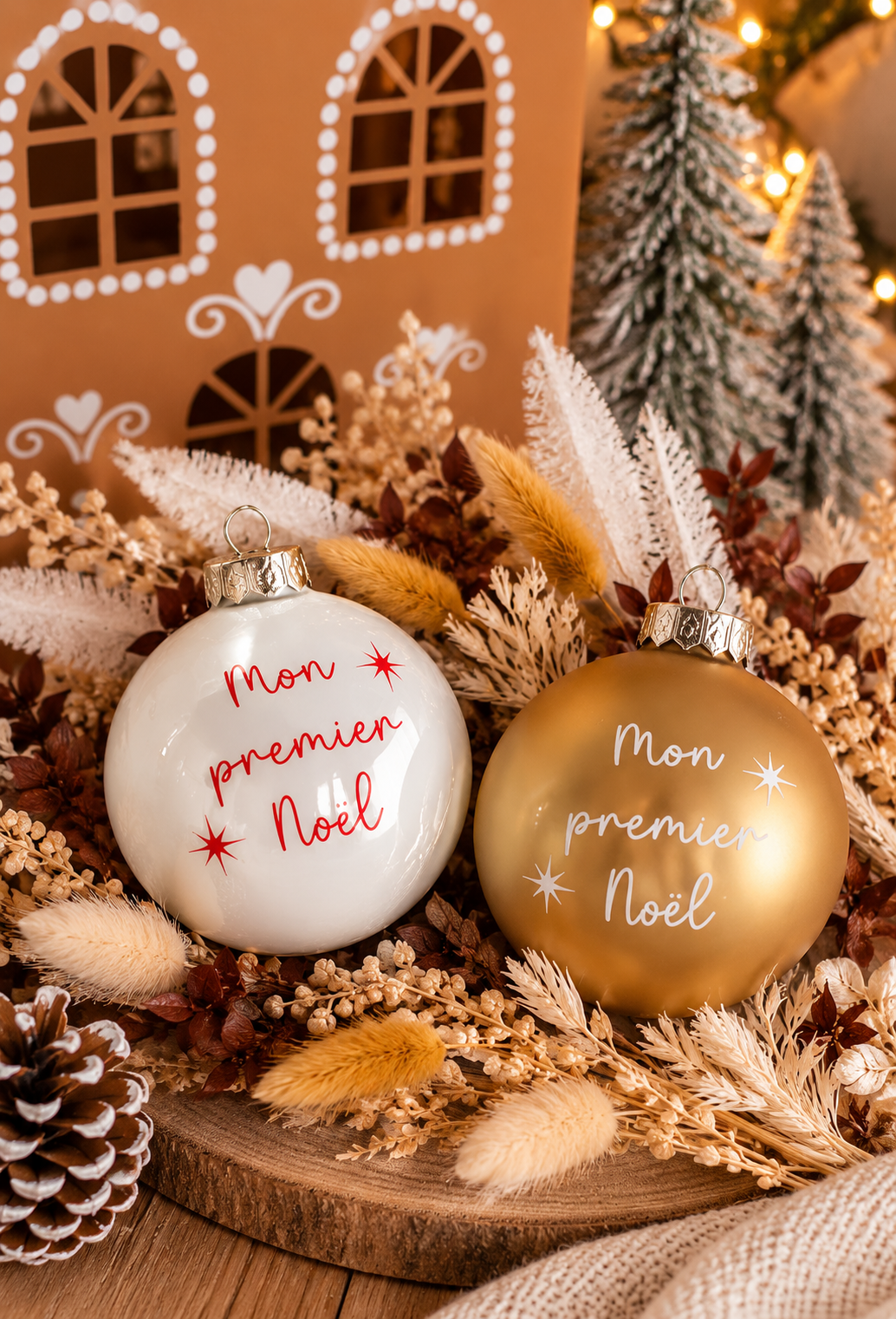 Boules Mon premier Noël en verre dore et blanc personnalisées