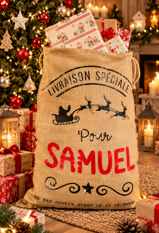 Hotte du Père Noël personnalisée en jute modèle Traîneau prénom Samuel