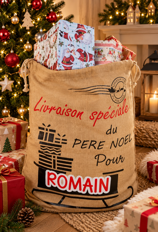 Hotte du Père Noël personnalisée en jute modèle Livraison spéciale prénom Romain