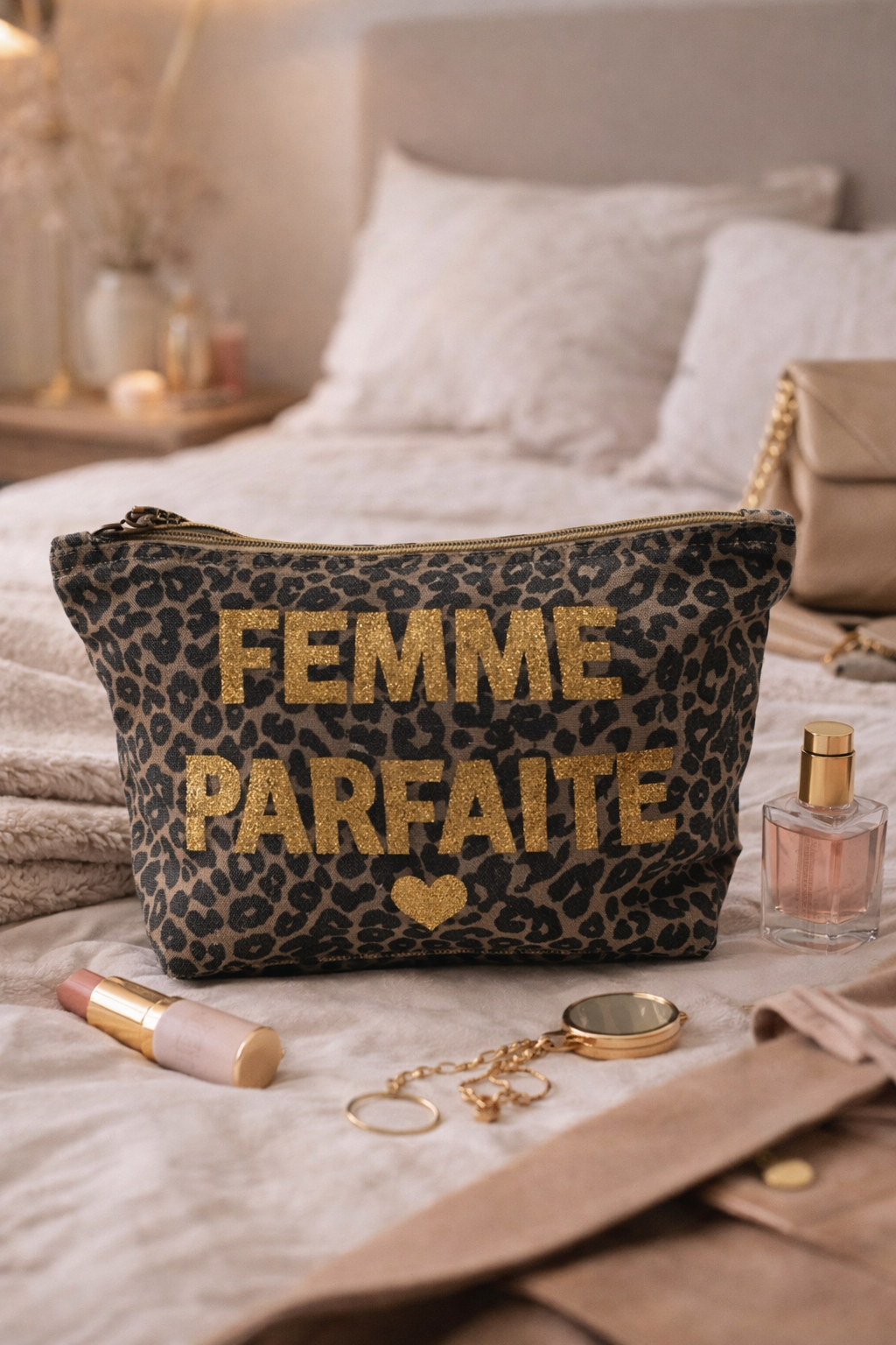 Pochette Léopard "Femme Parfaite" – Trousse Maquillage Chic & Idée Cadeau Femme Originale