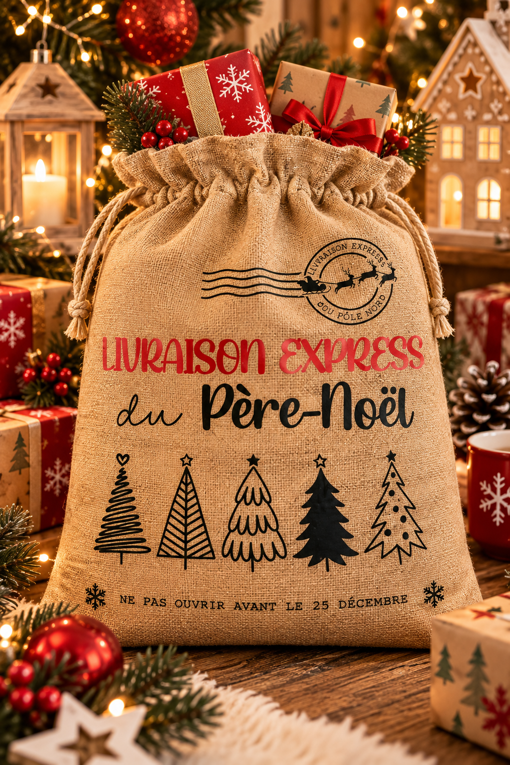 Petite hotte du Père Noël en jute modèle Livraison express sans prénom