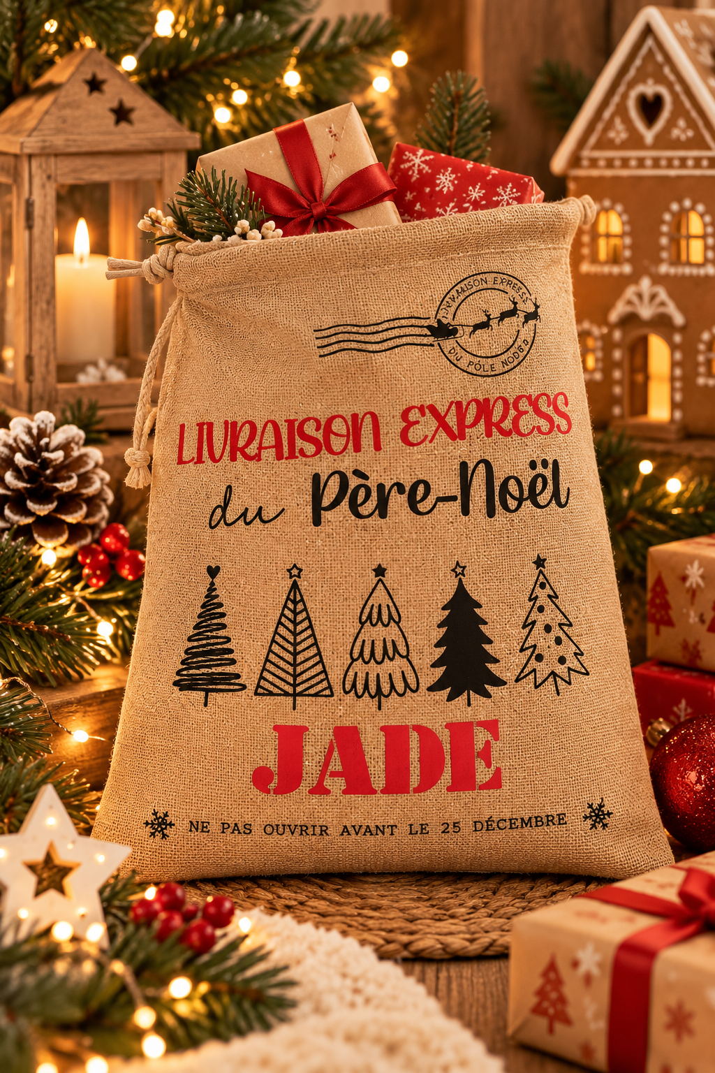 Petite hotte du Père Noël personnalisée en jute avec prénom Jade