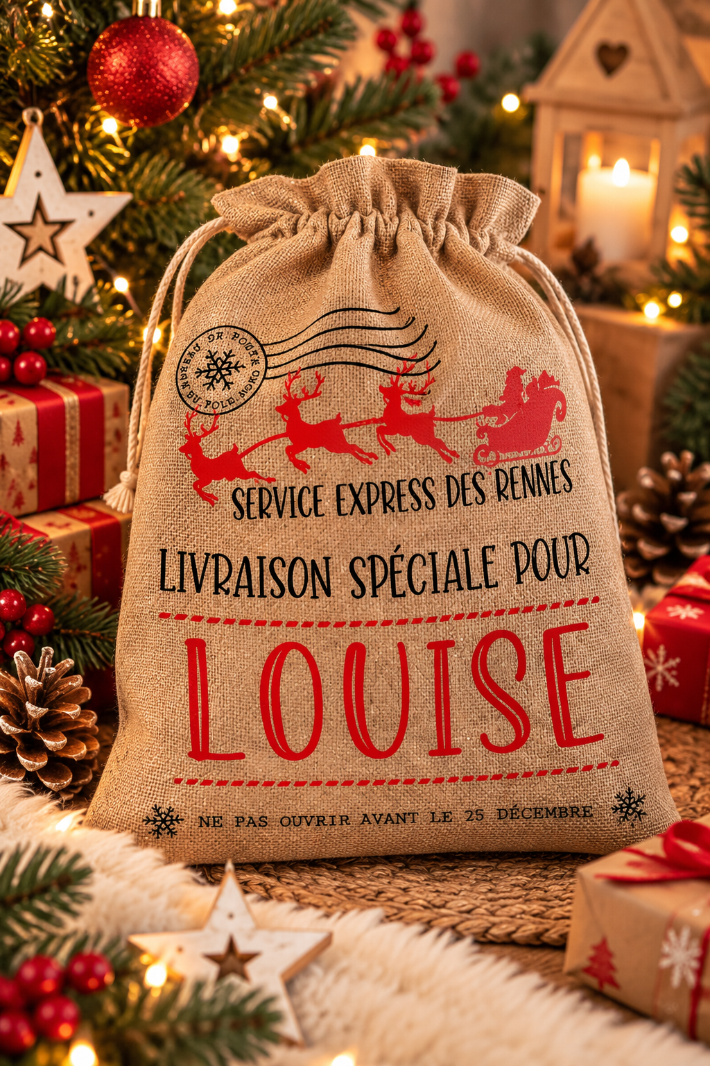 Petite hotte du Père Noël personnalisée en jute avec prénom Louise