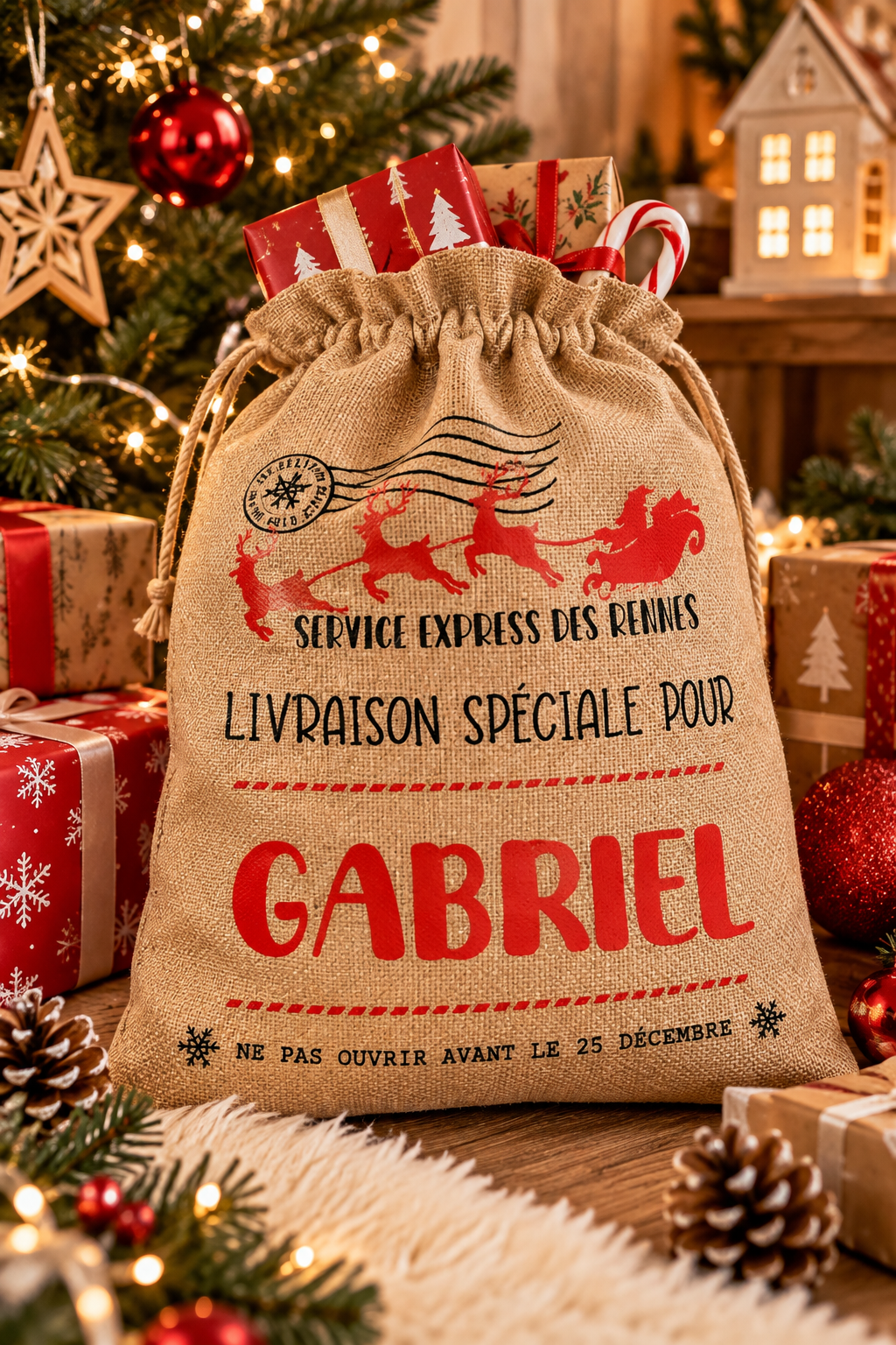 Petite hotte du Père Noël personnalisée en jute prénom Gabriel