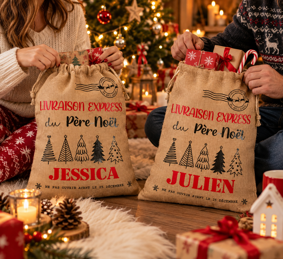 Petites hottes du Père Noël personnalisées avec prénoms Jessica et Julien